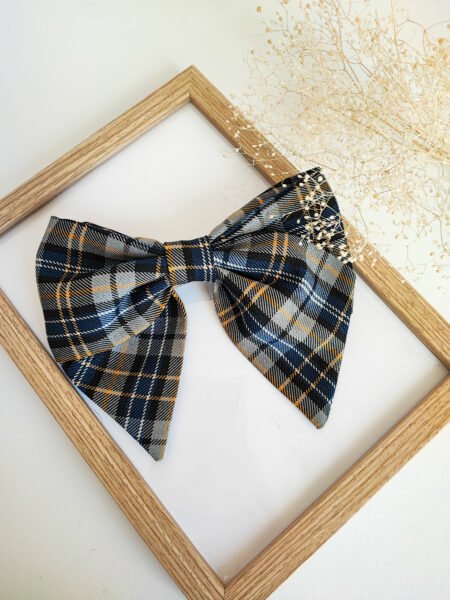 Mėlynas - geltonas languotas medvilnės-vilnos kaspino formos plaukų segtukas